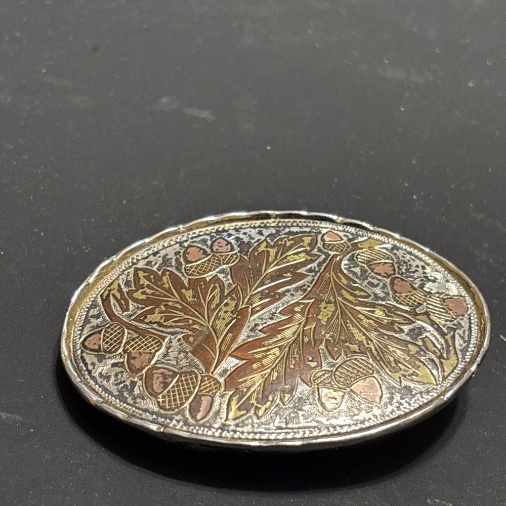Vintage USA Oak Leaf Acorn Western Belt Buckle Gold Copper Engraved Silver